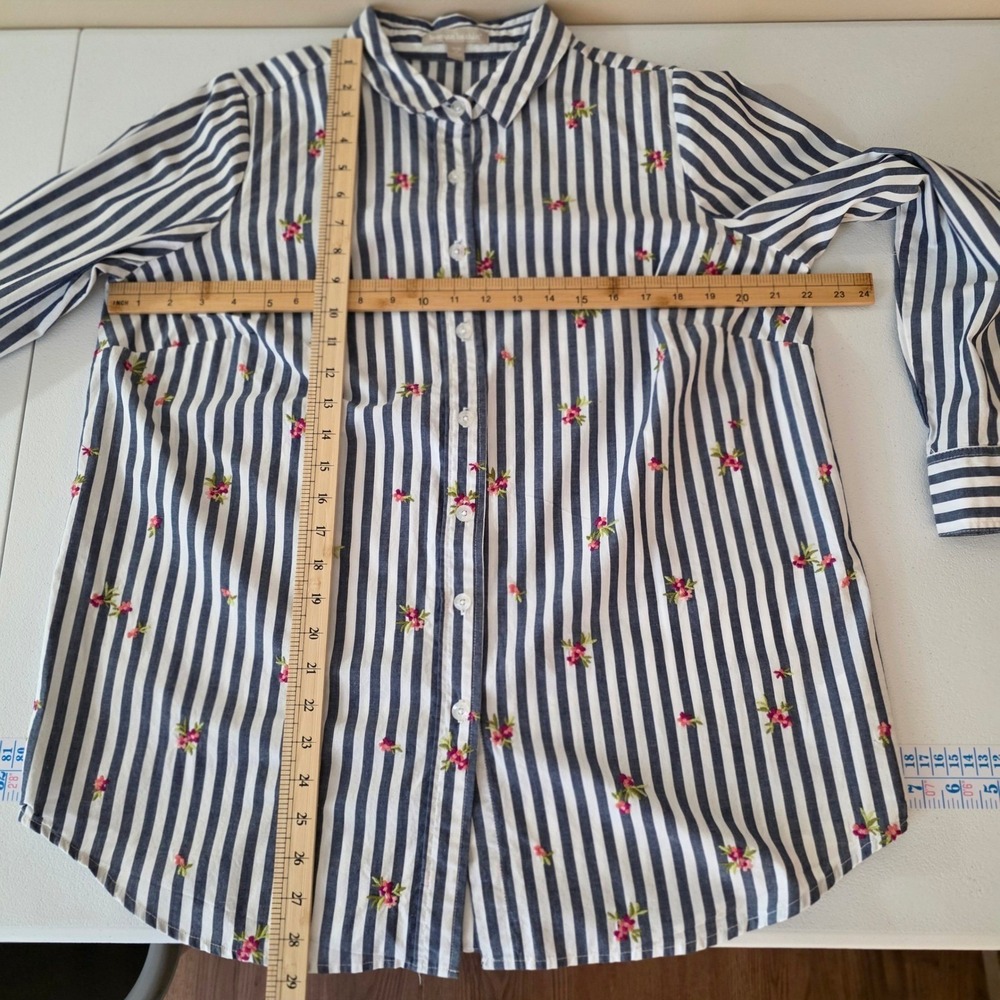 Woman Within Button Down Shirt Womens 14/16 Blue White Striped Floral Embroidery - Picture 7 of 11